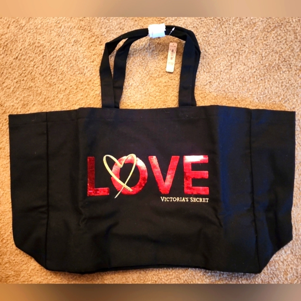Victorias Secret Black LOVE Logo Huge Large Carry Bag, Overnight Bag Tote Canvas